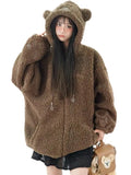 Getadme-Cute bear hat lamb wool hoodies brown loose sweatshirts fashion niche zippered cardigan thick winter coat kawaii women clothes