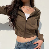 Getadme Casual Long Sleeves Pockets Cargo Coats Vintage Solid Slim Jackets Y2K Fashion Streetwear Aesthetic Zip Up Clothes