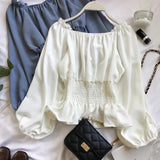 Getadme-Youth Elegant Blouse Women Chiffon Fashion Blouse Off Shoulder White Shirt Ruffle Puff Sleeve Top Office wear