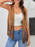 Women Fringe Vest Open Front Rivets Tassel Sleeveless Vest Coat Vintage Cowgirl Hippie Casual Jacket Outwear