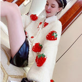 Getadme-Cute Strawberry Women Cardigan Sweater Winter Loose Fashion V Neck Hand 3D Knitting Ladies Jumper Casual Female Coats New