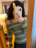 Harajuku Off Shoulder Knitted Sweater Women Vintage Green Striped Jumper Fairycore Slim Two Piece Sets Y2K Tops E-girl