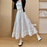 Summer Women Chiffon Skirts Vintage High Waist Elastic Patchwork White Black Chic Long Cake A-line Skirt for Student N5860