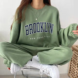 Getadme-Casual Brooklyn Letter Print Fleece Sweatshirt Women Suit O-neck Two Piece Sets Womens Outfits Autumn Ladies Y2k Tracksuit