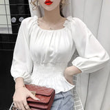 Getadme-Youth Elegant Blouse Women Chiffon Fashion Blouse Off Shoulder White Shirt Ruffle Puff Sleeve Top Office wear