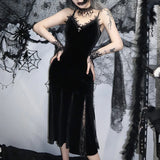 Sexy Spaghetti Strap Backless Velvet Woman Long Dress Gothic Cross Black Lace Patchwork Maxi Robe Harajuku Emo Partywear CC22161