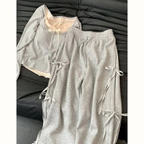 Getadme Korean Spring Wear Grey Casual Top Female 2024 New Bow Design Super Sweet High Waist Slim Wide-leg Pants Two-piece Set