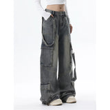 Women Blue Jeans Cargo Pants Streetwear High Waist American Wide Leg Pants Fashion Y2K Style Female Winter Straight Trousers