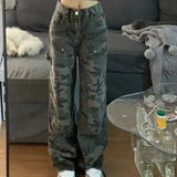 Getadme Camo Casual Jeans For Women's Work Wear Pants Military Green High Street Pant High Waist Straight Leg Pants