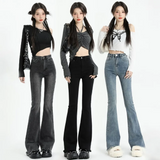 Gray Flared Jeans Women's Spring Autumn High-waisted Slim-fit Pants Retro Y2K Street Female Denim Trousers