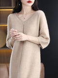 2024 Fashion Women Dress 100% Merino Wool Half-Sleeve V-Neck Long Sweater Spring Summer Over-The-Knee  Large Size Knit Dress