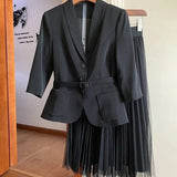 Getadme-Fall Winter Women Oversized Two-piece Set Long Coat Suit and Mesh Skirt Female Elegant Solid Blazer Dress Suits with Belt