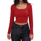 Women's Long Sleeve Square Neck Crop Top Ribbed Slim Fitted Y2K Casual T-Shirt Tops