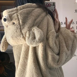 Getadme-Autumn Winter Sweet Bear Ear Hooded Pajama Sets Women Coral Fleece Warm Sleepwear Girls Cute Cartoon Embroidery Lolita Nightwear