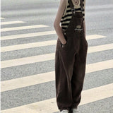 Vintage Brown Denim Baggy Jumpsuit Women Casual Overalls Sleeveless Loose Wide Leg Rompers with Pocket Jeans Pants Playsuit New