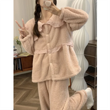 Autumn Winter Pink Ladies Sweet Lace-trimmed Thickened Homewear Warm Suit Coral Fleece Cardigan Long-sleeved Tops+Pants Set