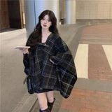 Getadme-Black Mid-length Plaid Coat Women Autumn And Winter Loose And Versatile Cape Elegant Shawl Casual Coat Korean Women Clothing