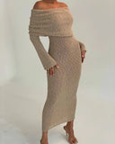 Female Cover up Loose Long Sleeve Holiday Beach Party Dress Women Knitwear Dress Knit Hollow Out Off-Shoulder Maxi Dress