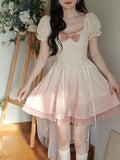 Getadme-Bubble Sleeve Kawaii Lolita Mini Dress Women Pink Bow Princess Sweet Party Cute Dress A-Line Elegant Fairy Dress 2024 Spring New