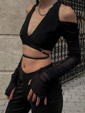 Sexy Black Crop Tops Streetwear Women Fashion 2024 Lace Up Bandage V Neck Cut Out Long Sleeve T Shirts