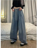 Spring Women Vintage Baggy Jeans Elastic Waist Oversized American Trouser Denim Wide Leg Streetwear Straight Basic Pants Y2k