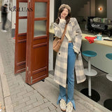 Korea Winter Plaid Woolen Overcoat Women Casual Sweet Long Coats Double Breasted Y2k Clothing Fashion Loose Trench Coats Jacket