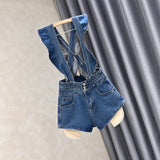 Getadme-Large Size Denim Strap Shorts Women's Summer High Waisted A-line Jumpsuit Pants Sweet Ruffled Edge Short Jeans Size S-5XL