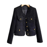 Spring Autumn Women's Jacket Tweed Blazer Vintage Long Sleeve Button Korean Chic Short Coat Black Office Lady Clothing New