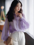 Women's Shirt and Blouse Button Up Loose Summer Female Tops Blue Chiffon Full Long Sleeve Elegant 2024 Y2k Fashion Clothes Blue