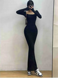 Ribbed Solid Long Sleeve Square Neck Skinny Maxi Dress Fall Sexy Evening Party Elegant Vestido Kleider Robe Ladies Long Dresses