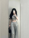 Getadme-2 Piece Pant Sets 2024 Summer Casual Y2k Crop Top + Loose Trousers Sport Wear Korean Fashion Suits Chic Outwear T Shirts Blouse