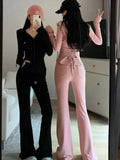 Getadme-Y2K Casual 2 Piece Set Tracksuit Women Hooded Zip Up Slim Coat + Drawstring Wide Leg Pants Autumn Korean Fashion Solid Outfits