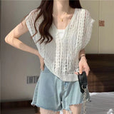 Getadme-Cotton Crochet Tops Sexy Knitted Hollow Out Sleeveless T-Shirts Loose Female Women Clothing Summer New Vintage Tees Femme