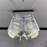 Vintage Blue Sexy Ripped Jeans for Women Patchwork A-line High-waisted Denim Ultra Shorts