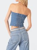 Women Denim Tube Tops Strapless Blue Casual Sexy Chic Slim Fit Button Down Bandeau Tops Corset Streetwear for Daily