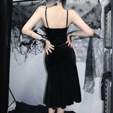 Sexy Spaghetti Strap Backless Velvet Woman Long Dress Gothic Cross Black Lace Patchwork Maxi Robe Harajuku Emo Partywear CC22161