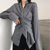 Getadme-Korean Style Women Blouses Tunic White Casual Chic Elegant Female Fashion Irregular Top Long Sleeve Shirts Office Wear