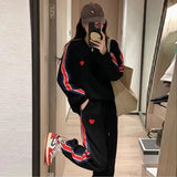 Getadme- 2 Piece Harajuku Women Casual Sports Striped Pant Sets Spring Autumn Preppy Style Embroidered Love Loose Korean Fashion Top Suit