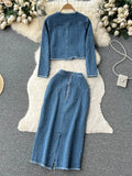 Women Office Lady Knitt Denim Suits Long Sleeves Autumn Blouse+Split Long Skirt Vintage Fashion Designer Jeans 2 Piece Sets 2024