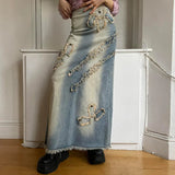 Spring and summer new high waist all-match long skirt washed appliqué embroidery contrast color denim skirt Y2K denim skirt