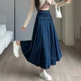 New Women Spring Summer Vintage Pleated Skirt Fashion High Waist All-match A-Line Denim Skirt Casual Loose Dark Blue Long Skirt