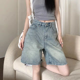 Vintage Blue Denim Shorts Women Fashion Streetwear Straight Knee-Length Jeans Woman Summer High Waist Baggy Jean Shorts