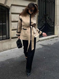 New Spliced Contrast Woolen Coat Women Long Sleeve Thicken Jacket with Belt Pockets 2024 Autumn Casual Ladies Commuter Outwear