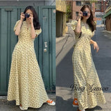 New V-neck Print Long Dress Woman Sweet High Waist Vintage Dresses Summer Korean Elegant Short Puff Sleeve Robe Femme