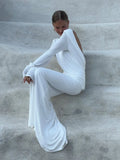 White Long Sleeved Slim Fit Dress For Women Pleated Elegant Round Neck Long Dresses 2024 New Female Evening Gowns