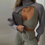 GETADME Sexy Turtleneck Long Sleeve Crop Sweater Women 2024 Autumn Solid Knitted Pullover Personality Lantern Sleeve Sweaters For Women