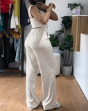 GETADME Sexy Two Piece Sets Women Outfits Sleeveless Backless Buttoned Vest Top & High Waist Wide Leg Straight Trouser Women's Pants Set