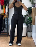 GETADME Sexy Two Piece Sets Women Outfits Sleeveless Backless Buttoned Vest Top & High Waist Wide Leg Straight Trouser Women's Pants Set