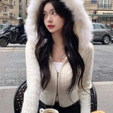 Korean Style Zip-up Cropped Sweater Cardigan Women Sweet Casual Basic Slim-fit Feathers Hooded Knitted Jackets Autumn