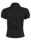 Sweetown Black Stripe Button Shirts For Women Y2K Clothing Turn Down Collar Puff Sleeve Cute Basic Casual Summer Tops Blue